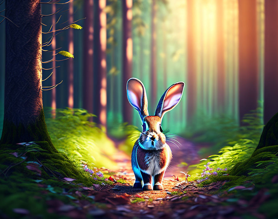 Large-eared rabbit on forest path with sunlight filtering through trees