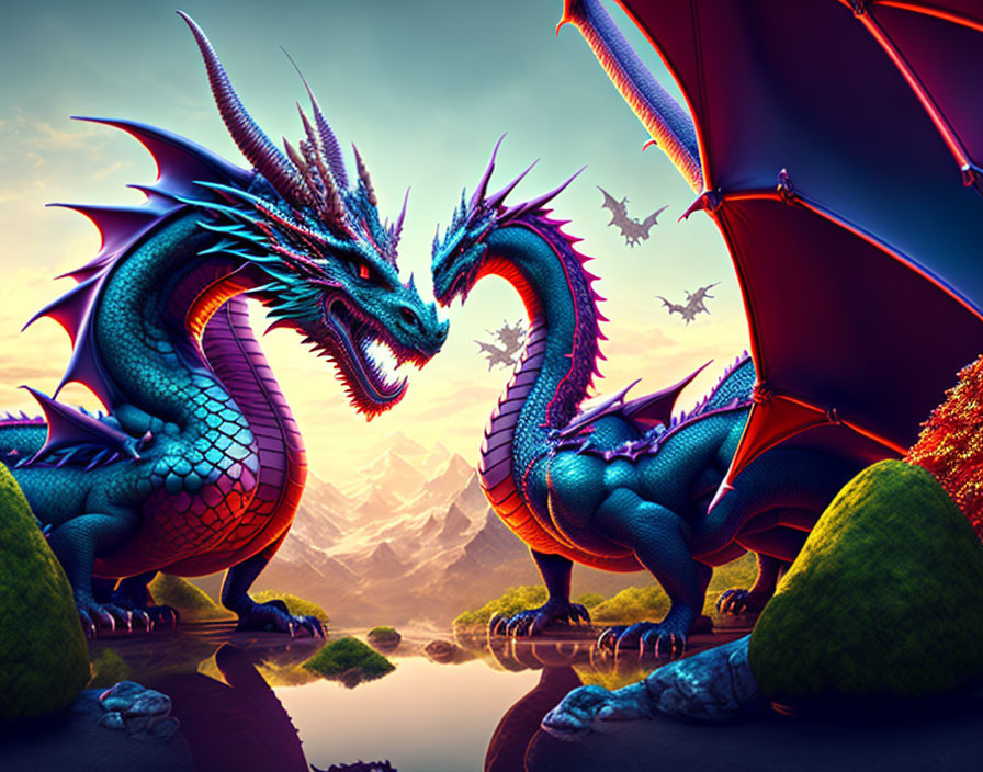 Vividly Colored Dragons by Reflective Lake at Sunset