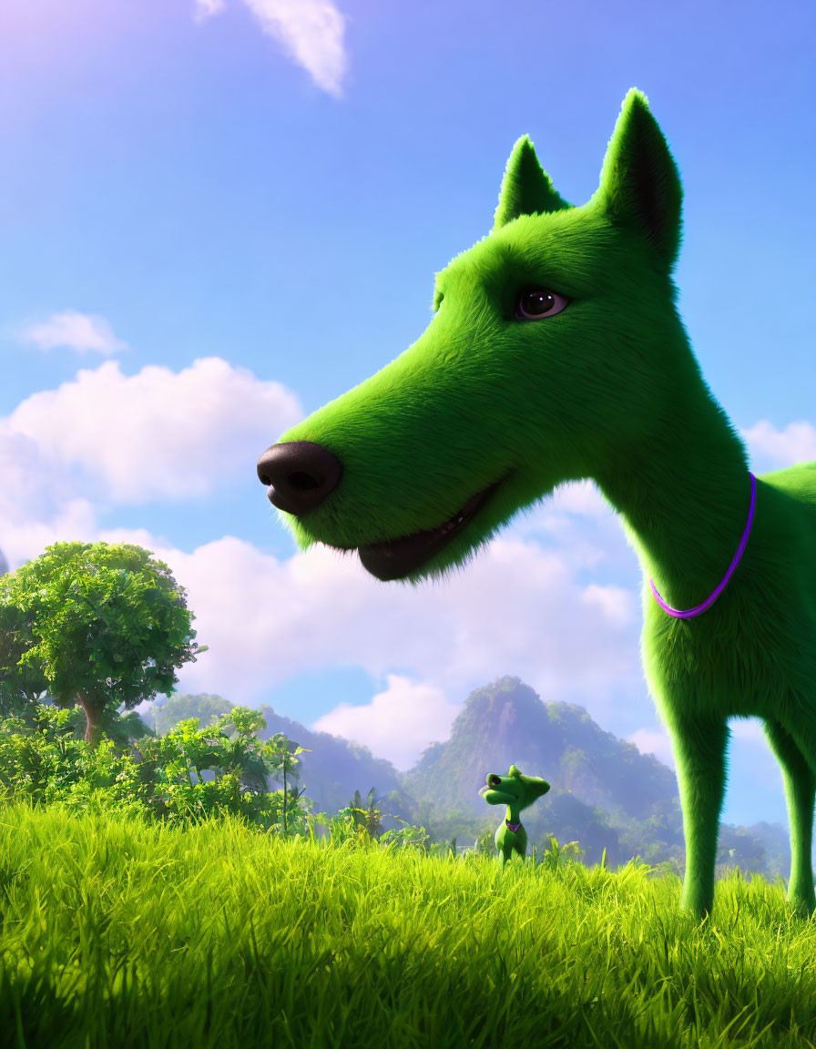 Large Green Animated Dog Observing Tiny Green Figure in Sunny Landscape