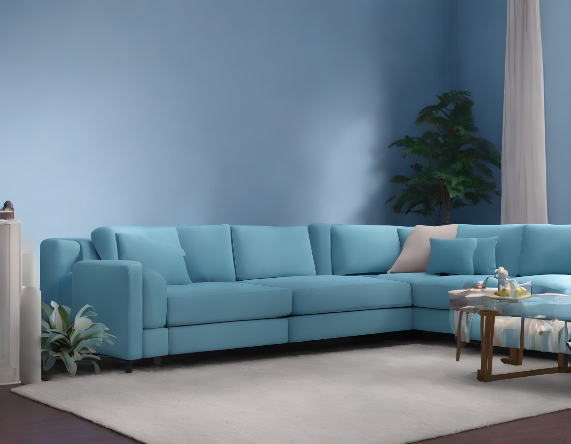 Modern Blue Sectional Sofa in Living Room with White Curtains, Coffee Table, Plant, and Light