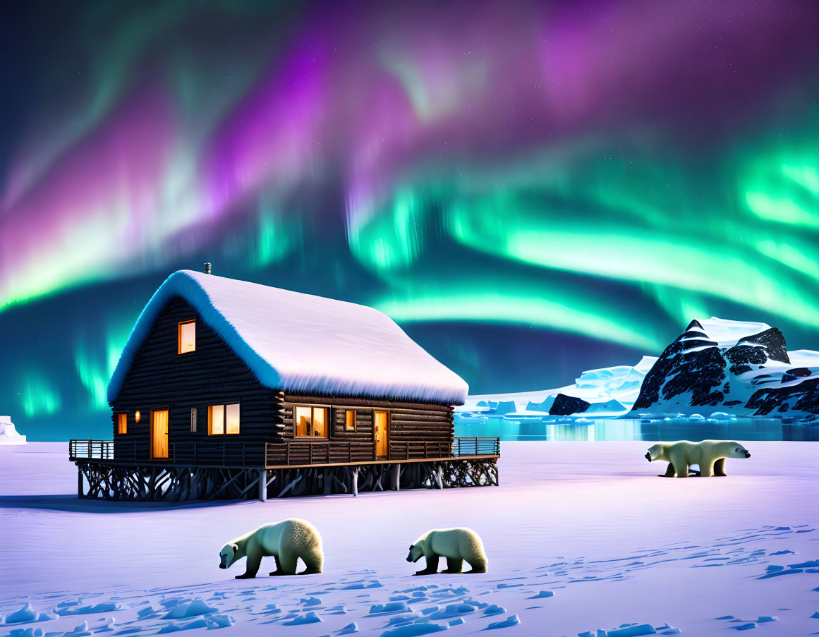 Log cabin under vibrant aurora borealis with polar bears in snowy landscape