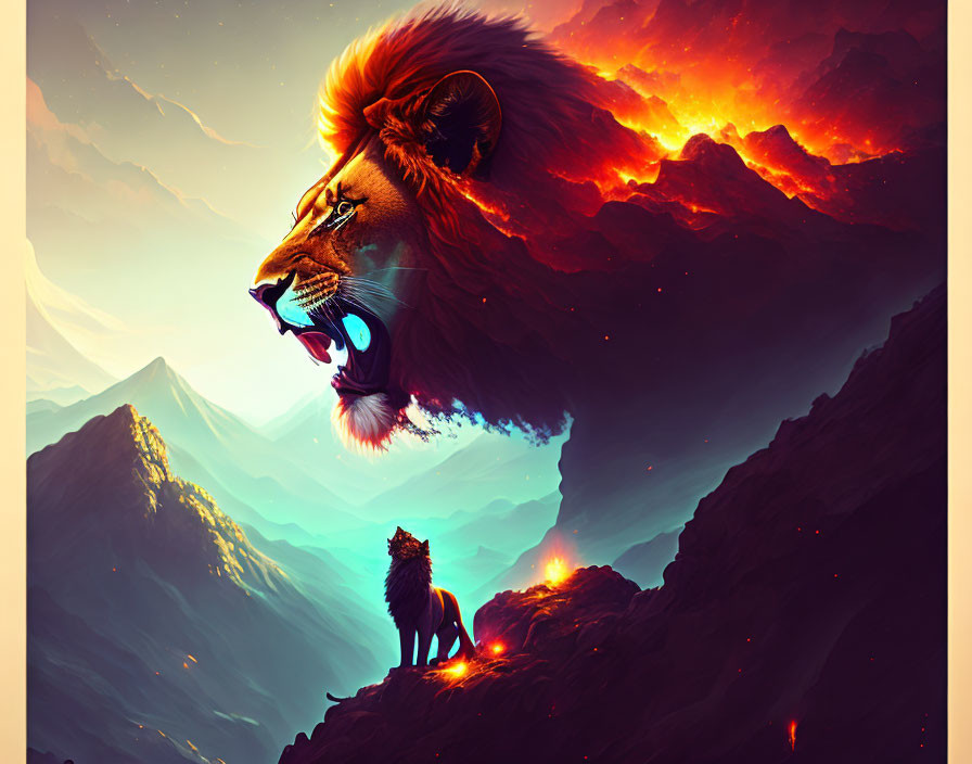 Majestic lion on rugged cliff under fiery sky with looming lion face in clouds