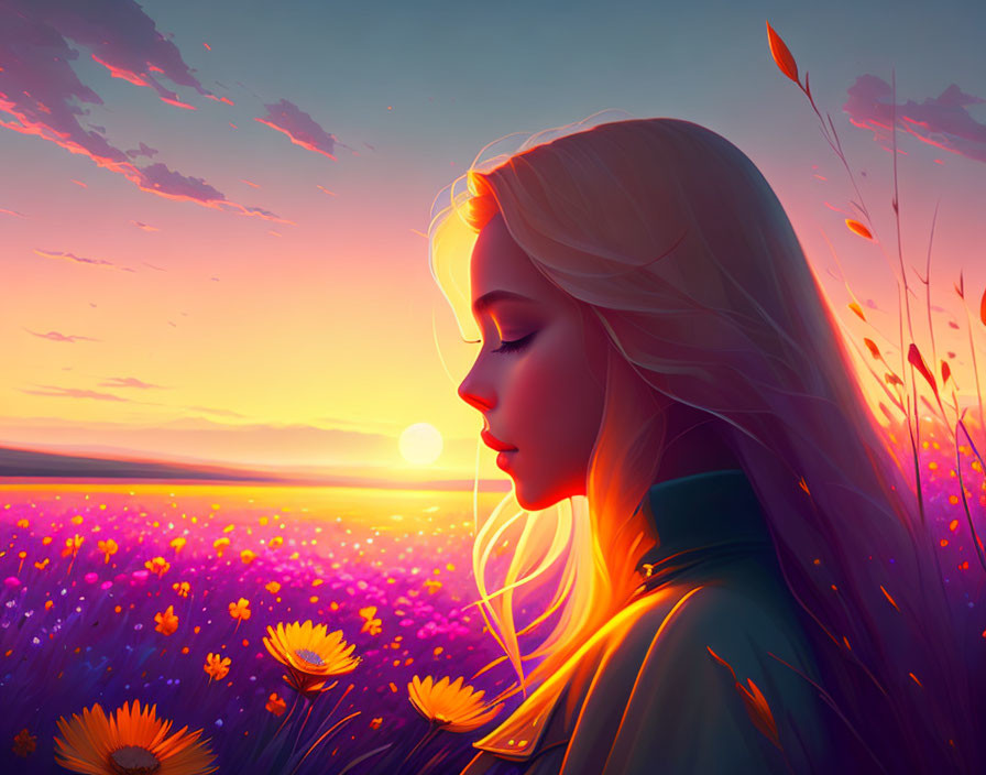 Blonde Woman Gazing at Sunset Over Purple and Yellow Flower Field