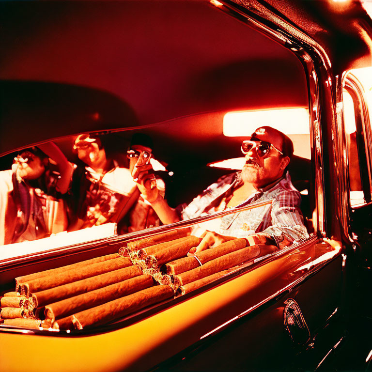 Four People in Car with Oversized Cigars Under Warm Lighting