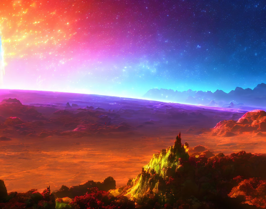 Colorful alien landscape with nebula, orange rocks, and lush green hill