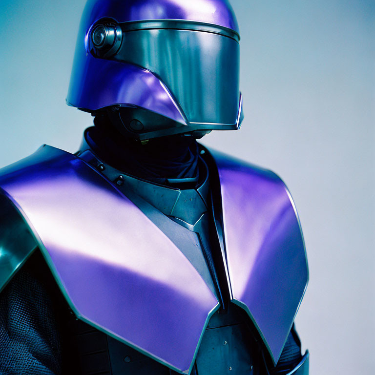 Futuristic purple armor with sleek helmet and metallic finish