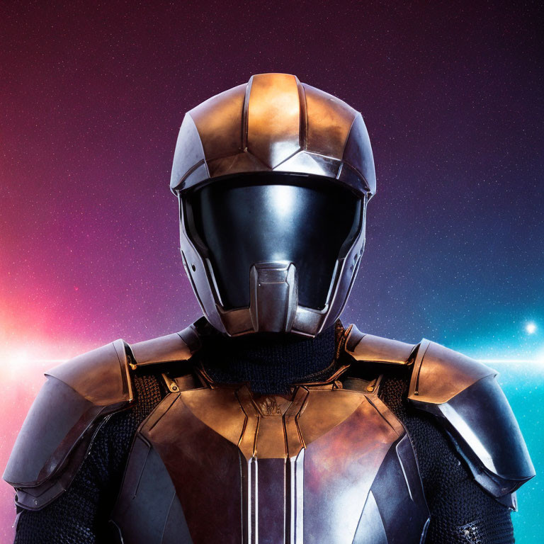 Person in futuristic armor with metallic helmet on starry cosmic background