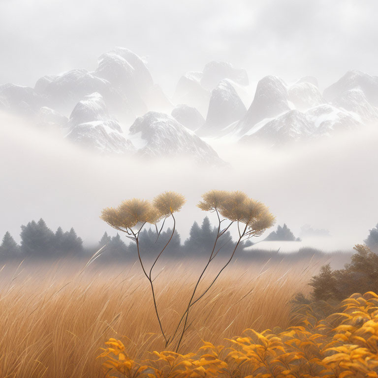 Golden Foliage and Misty Mountains in Serene Landscape