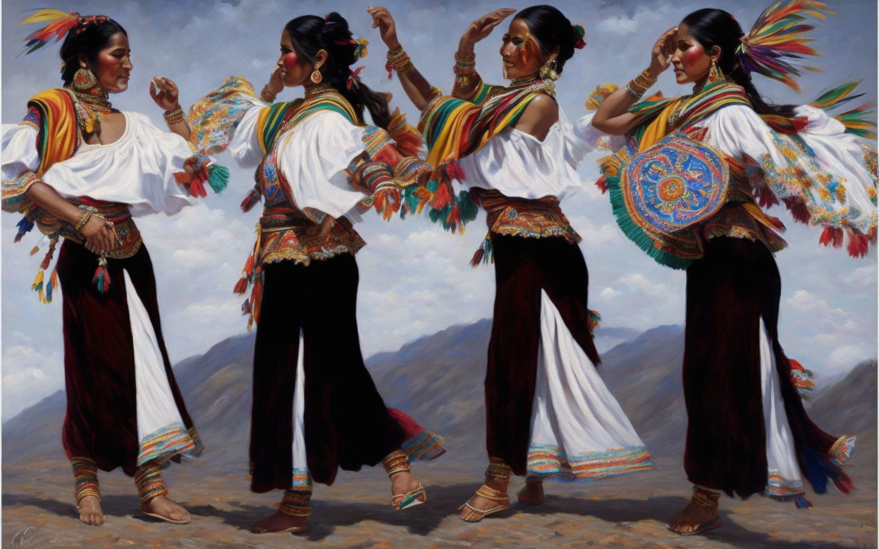 Four women in Andean attire dancing with mountain backdrop