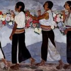 Four women in Andean attire dancing with mountain backdrop