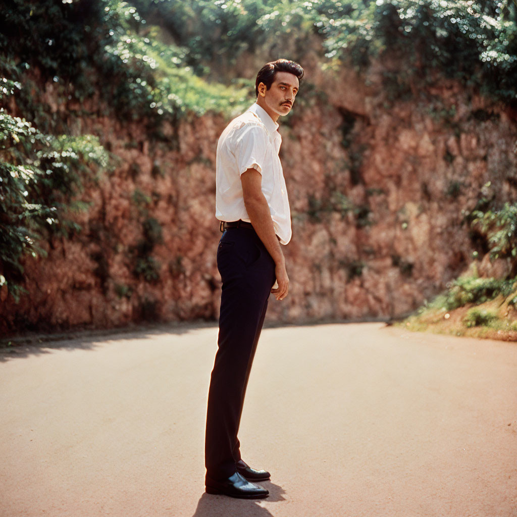 Man in white shirt on curving road with rocky background