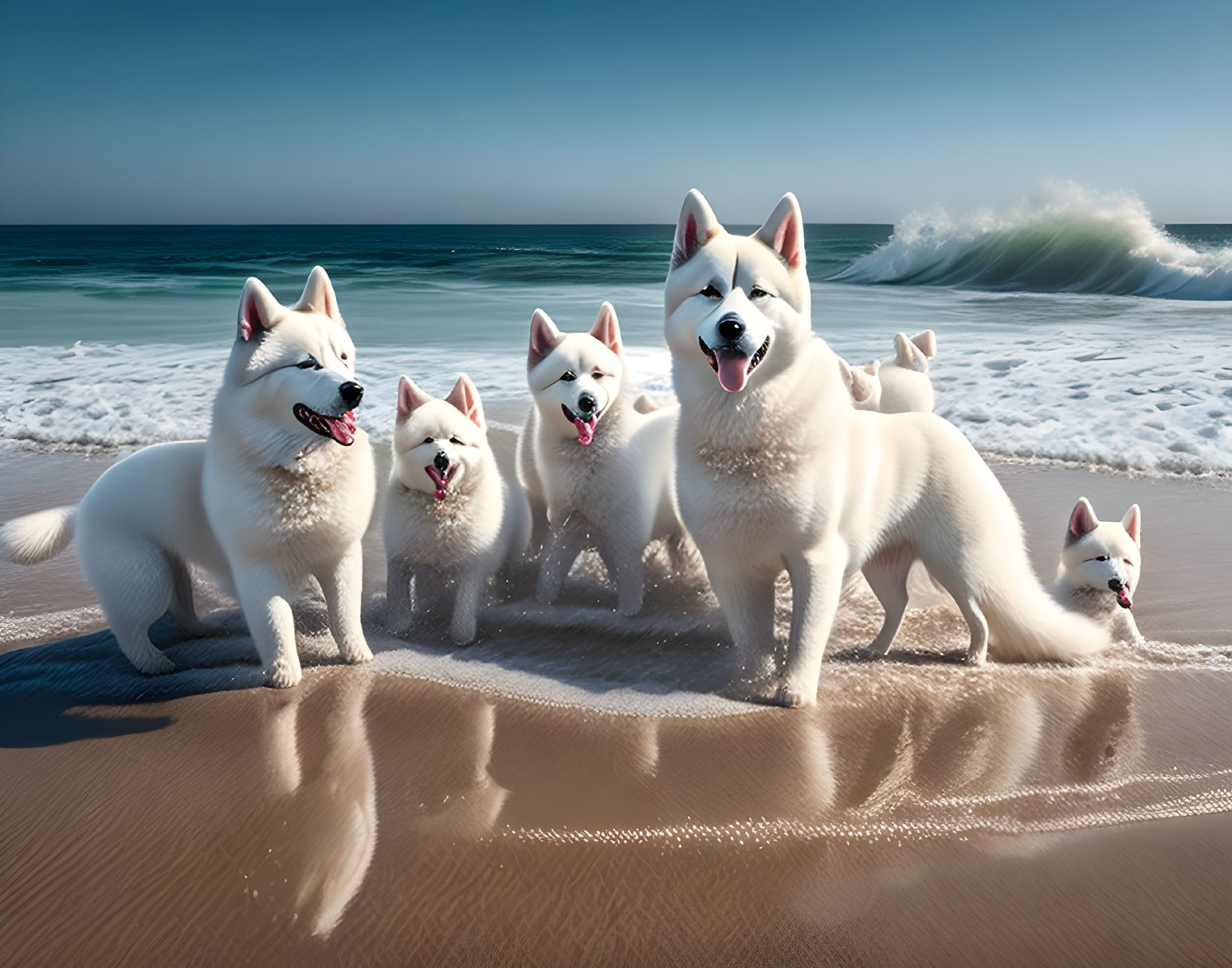 Five White Siberian Huskies on Sandy Beach with Blue Sky & Waves