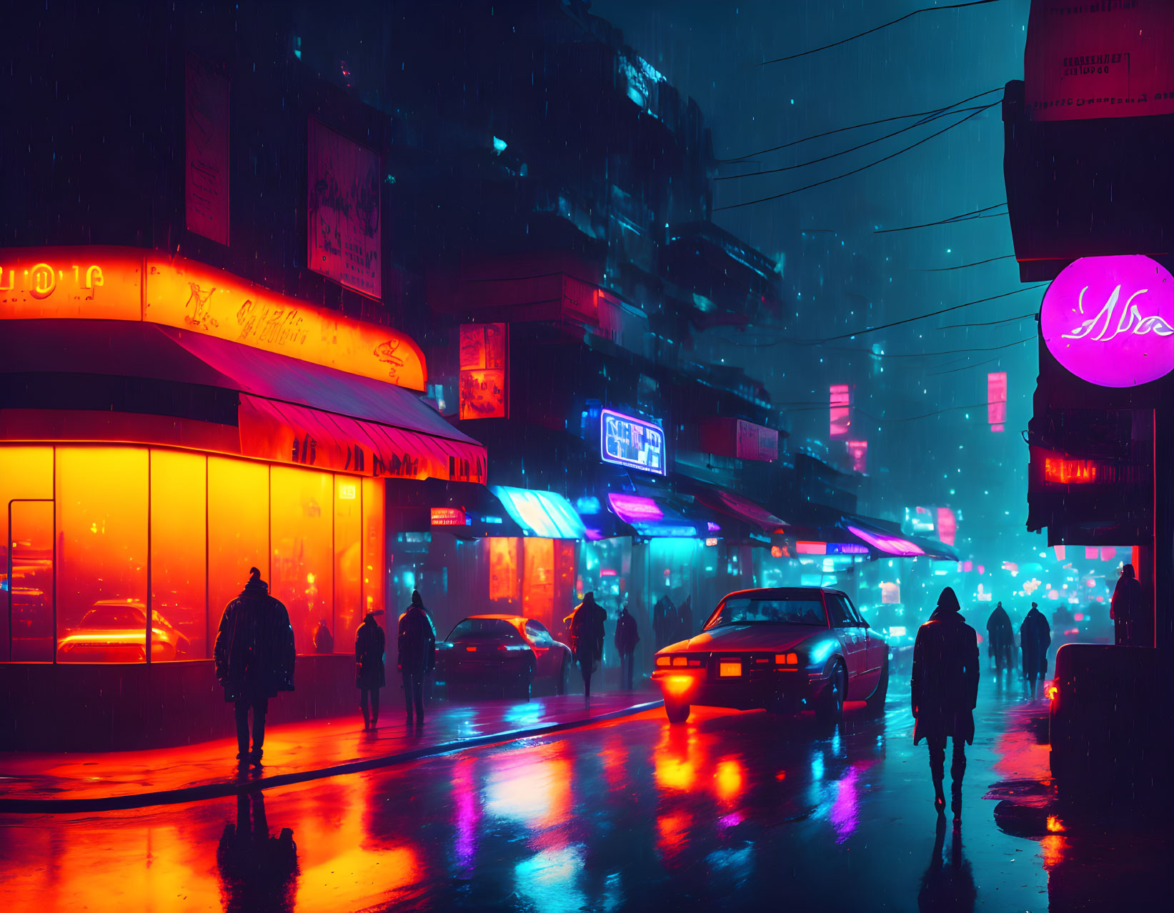 Night city street in neon lights, rain, silhouettes of people and cars.