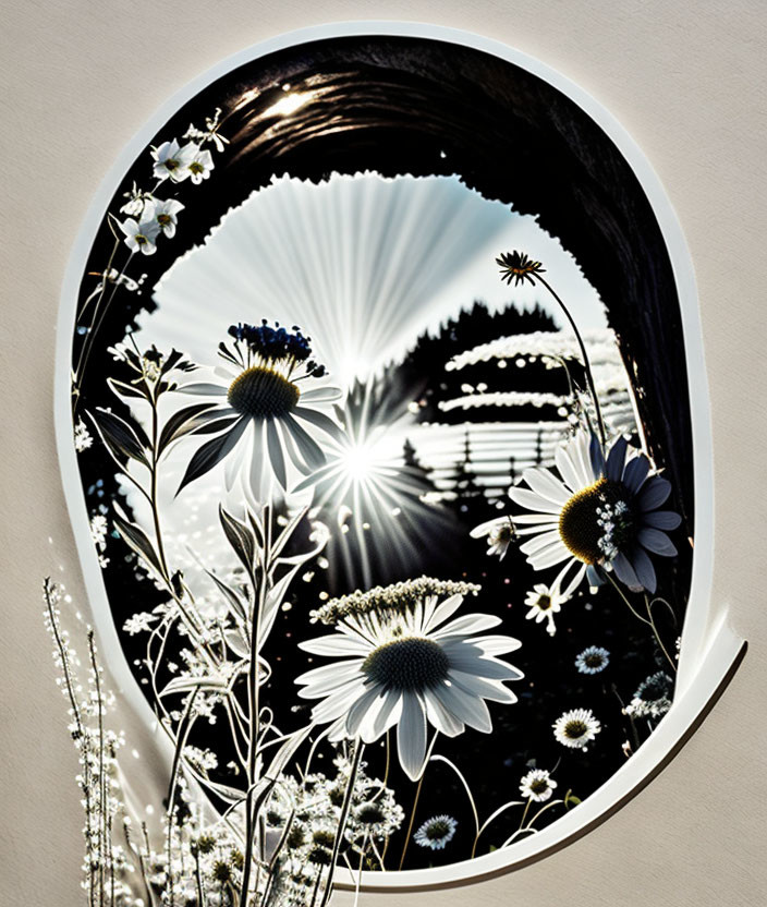 Paper Artwork: Scenic Landscape Through Keyhole with Sunlight, Flowers, and Mountains