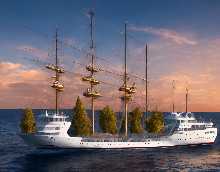 Modern sailing ship with multiple masts and trees on deck sailing at sunset