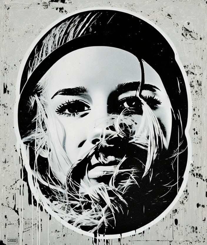 Monochromatic stencil portrait of a woman with detailed eyes and hair