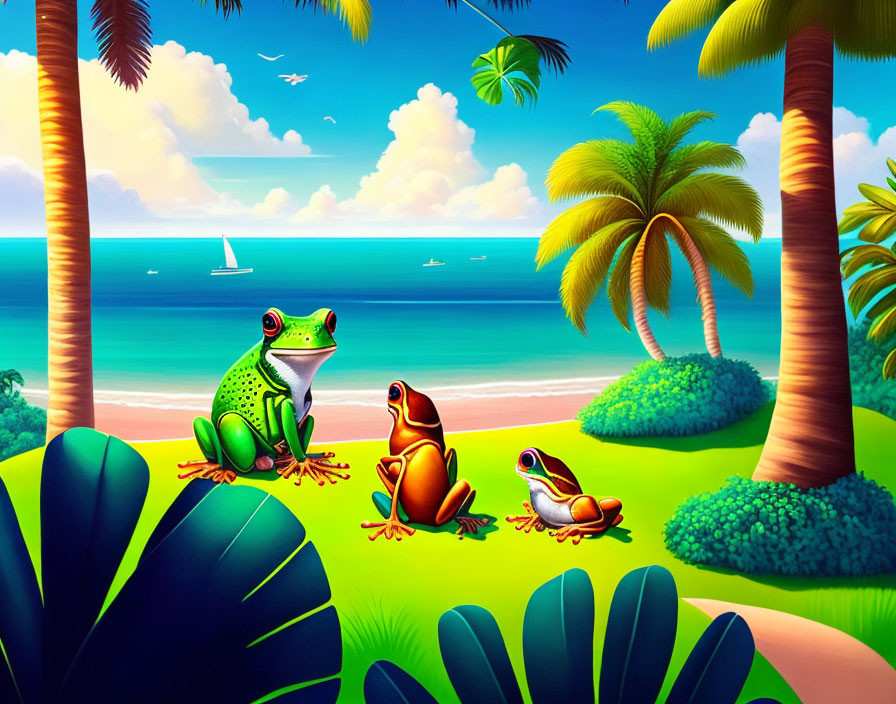 Colorful Frogs on Tropical Beach with Palm Trees and Sailboats