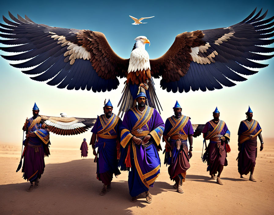 Digitally altered image: people in desert attire with giant eagle.