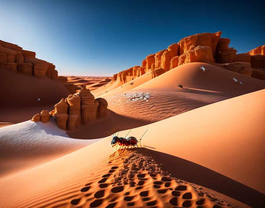 Ant Crossing Desert Landscape with Sand Dunes and Rocks