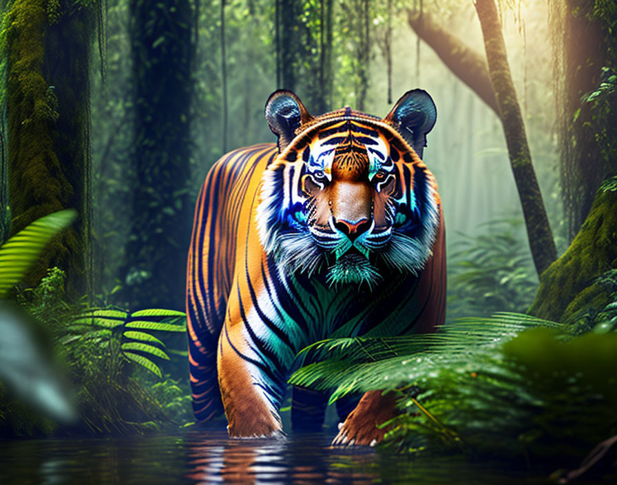 Colorful Tiger with Blue Stripes in Lush Jungle Setting