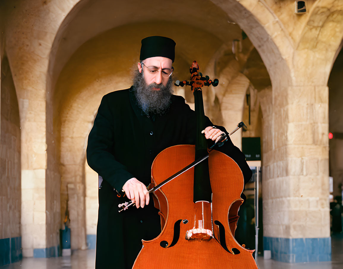 Bearded man in clerical attire playing cello in arched hallway