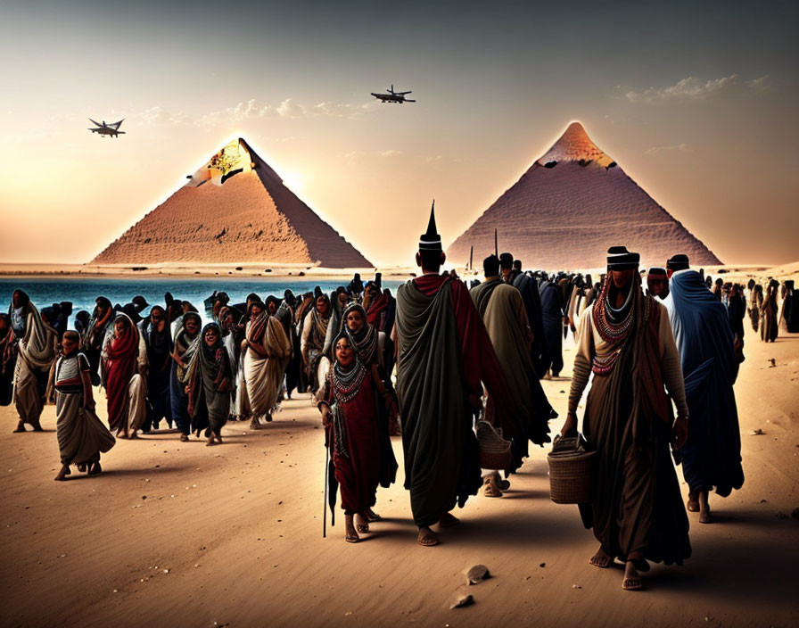 Traditional group near Giza pyramids with airplanes in sunset sky