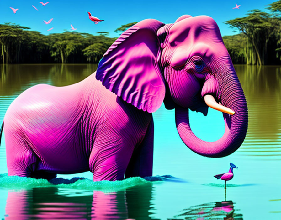 Colorful Digital Artwork: Purple Elephant in Blue Water with Bird, Green Landscape, and Pink Birds