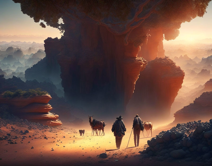 Traveler with Horses Under Giant Tree on Floating Rock in Surreal Desert