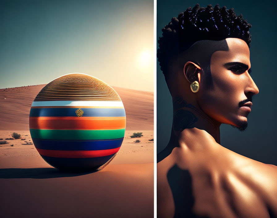 Striped Sphere and Profile Portrait on Desert Sunset Background