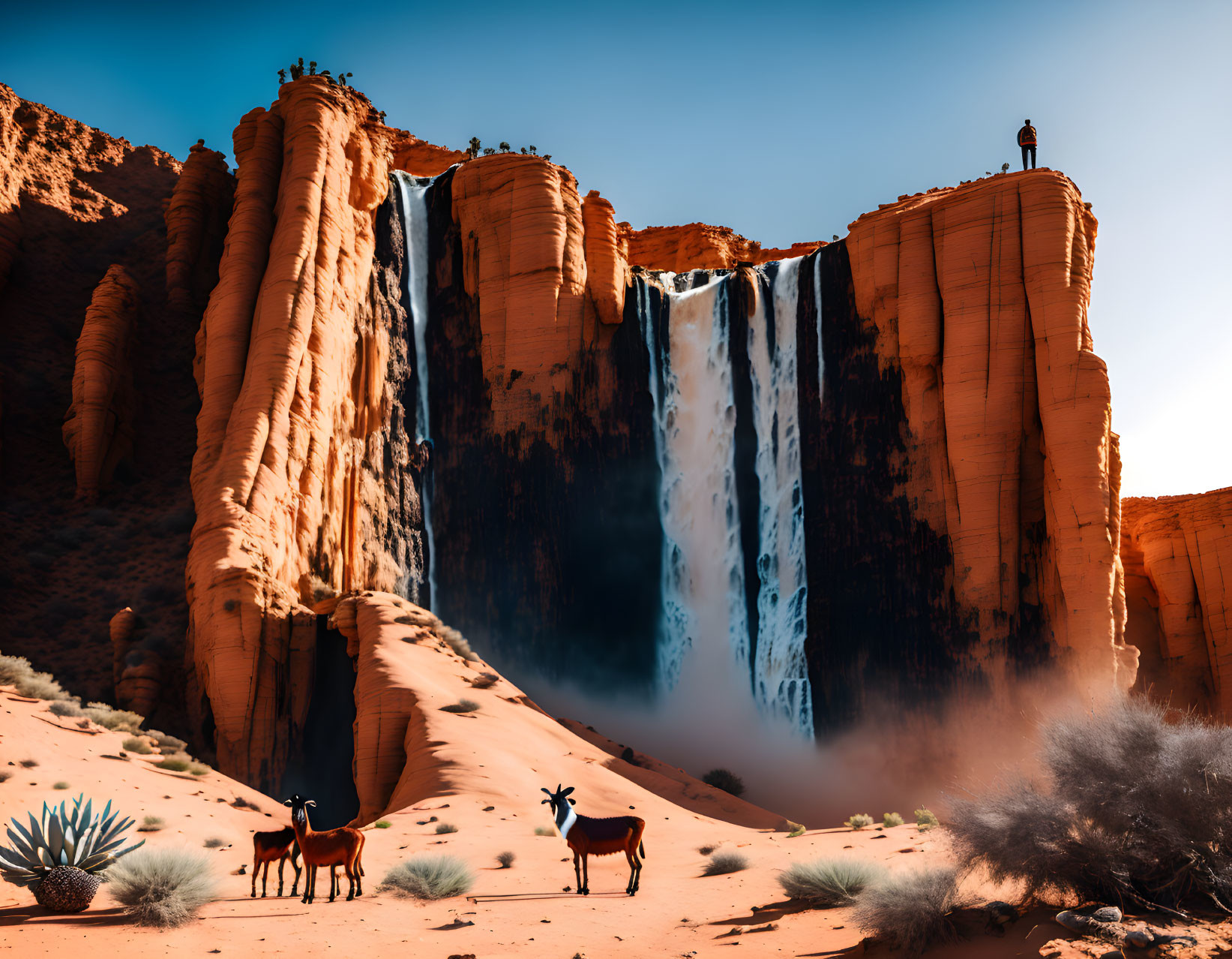 Person on Red Cliff Overlooking Waterfall in Desert Landscape