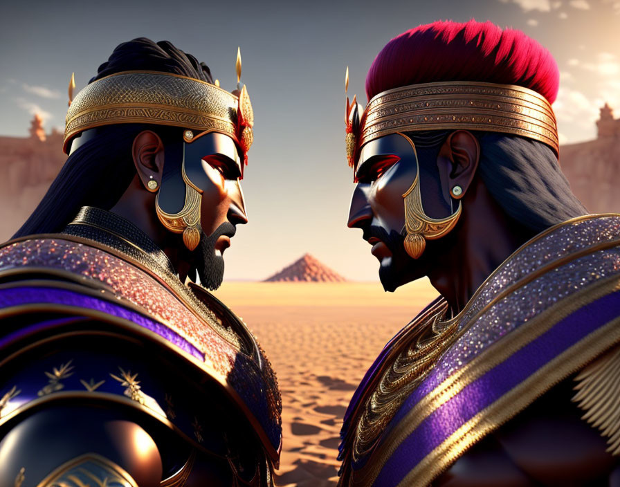 Animated warriors in ornate armor face off in desert with pyramid.