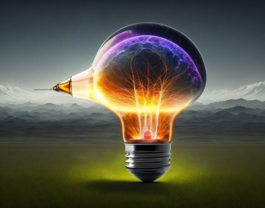 Fiery Filament Lightbulb with Brain-Like Plasma Effect in Mountain Landscape