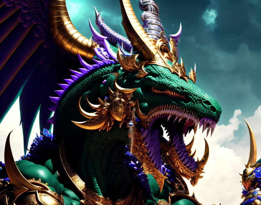 Vibrant digital artwork: fearsome green dragon with golden horns and intricate armor under dramatic sky