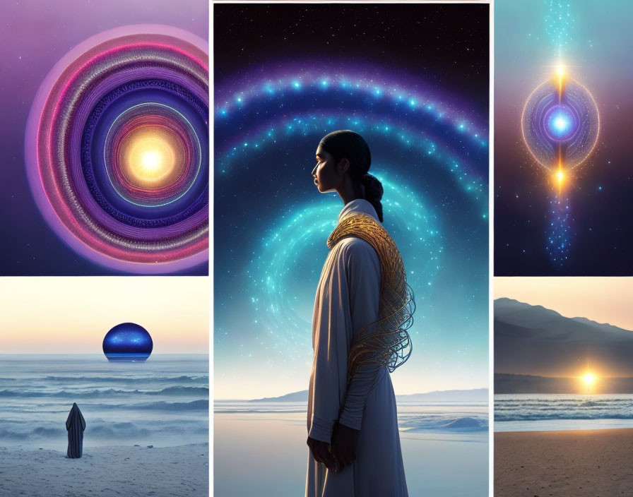 Dreamy landscapes and cosmic phenomena in serene collage.