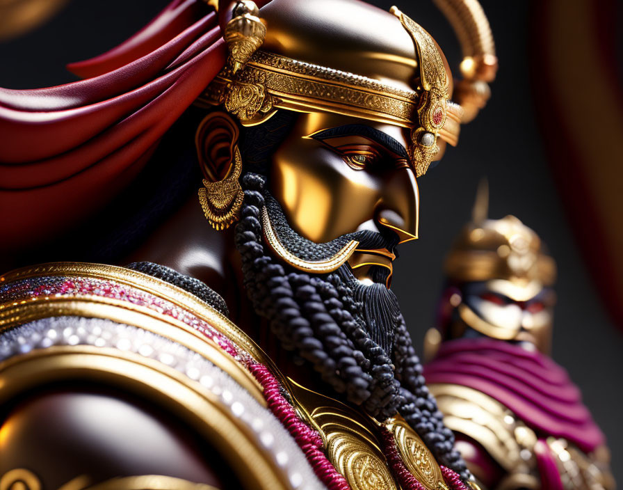 Detailed illustration of majestic figure in gold armor with crown and intricate jewelry