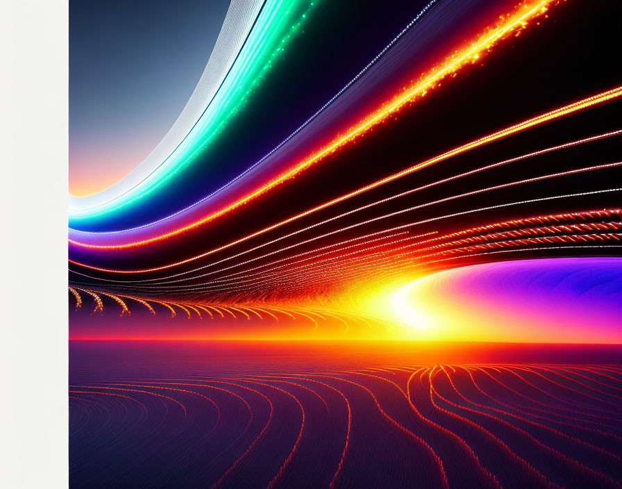 Colorful digital art: Curved horizon with light trails on black background