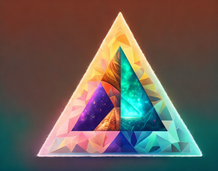 Colorful Triangle Artwork with Fractal Pattern on Dark Background