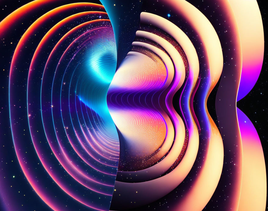 Vibrant abstract digital art: swirling patterns and gradients in blue, purple, and orange on star