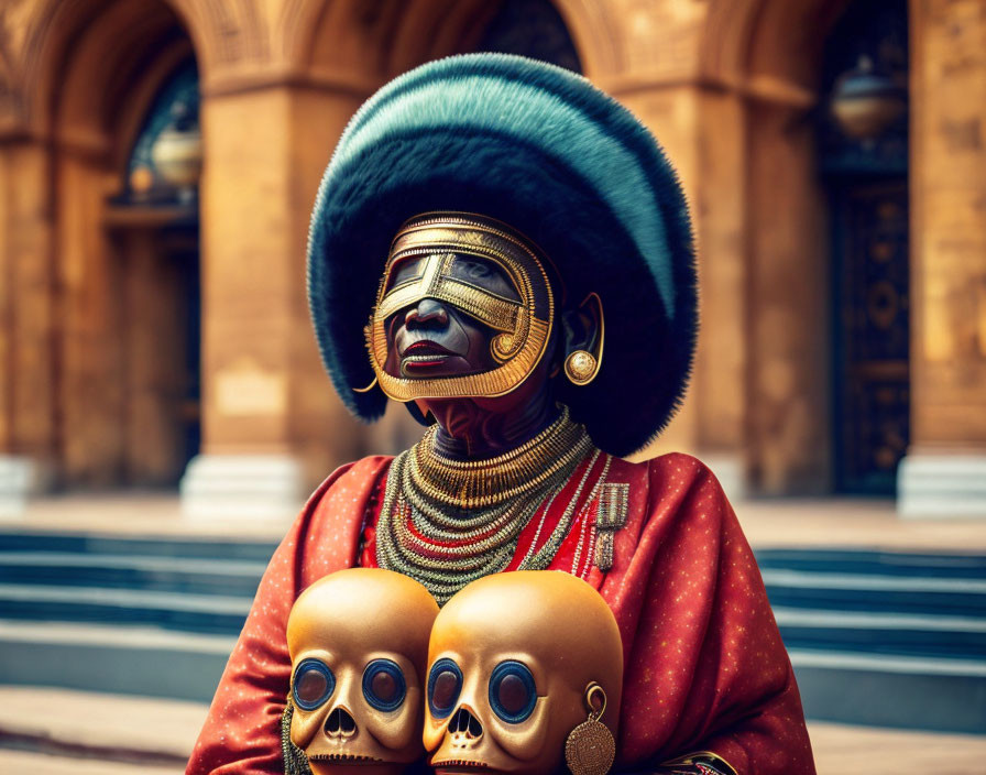 Person in tribal makeup with golden skull masks and green hat against architectural backdrop