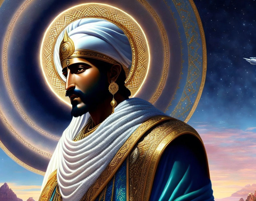 Illustrated portrait of majestic character in turban, jewelry, blue robes, with spaceship in celestial background