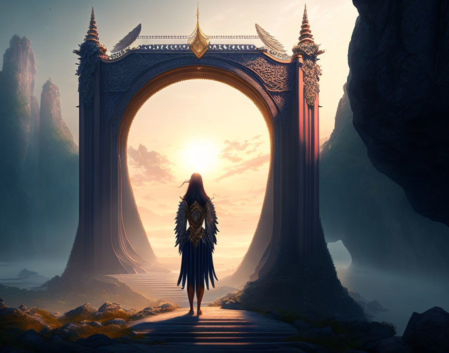 Angelic figure with wings at ornate gate amid cliffs at sunrise or sunset