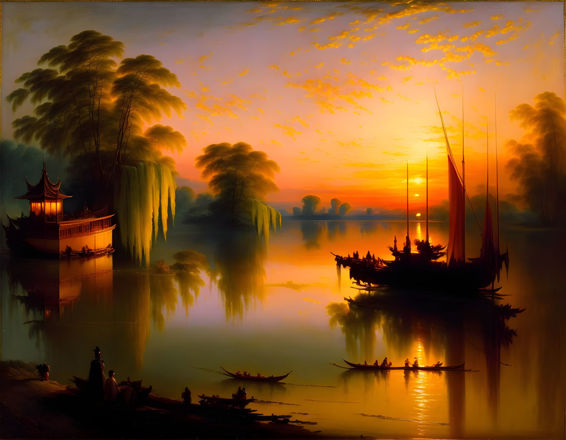 Tranquil sunset over calm lake with Chinese boats and pagoda