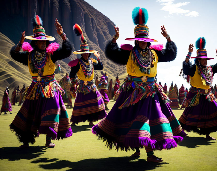 Colorful traditional dancers in vibrant costumes against mountain backdrop