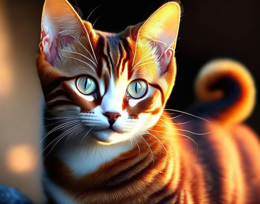 Striped Domestic Cat with Green Eyes in Sunlight