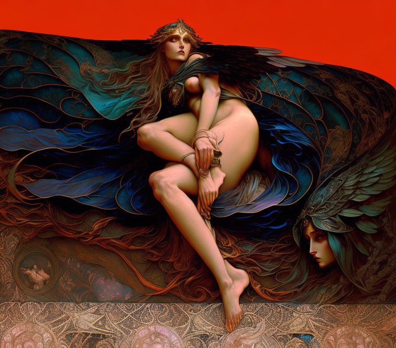 Vibrant artistic depiction of winged figures on red background