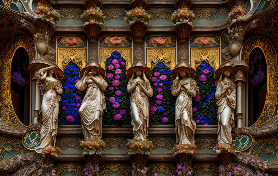 Ornate sculpture of three winged figures in blue and purple floral setting