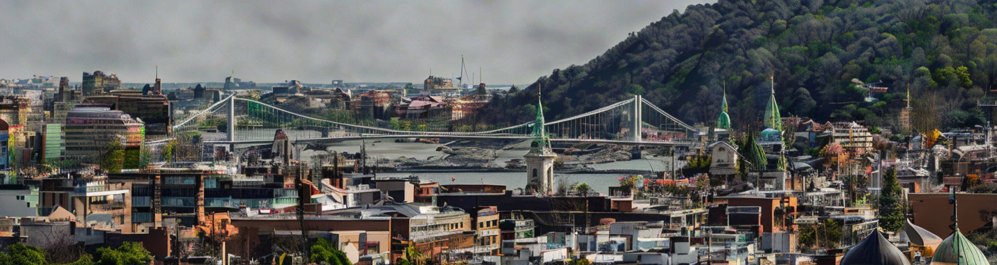 Cityscape with suspension bridge, river, hills, and diverse buildings under cloudy sky