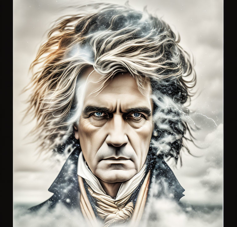 Stern man with wild white hair in stormy sky portrait