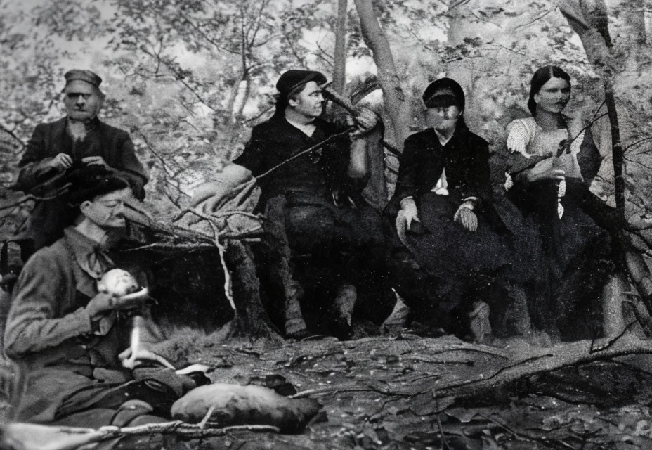 Five People in Vintage Outdoor Clothing Among Trees, Early 20th Century