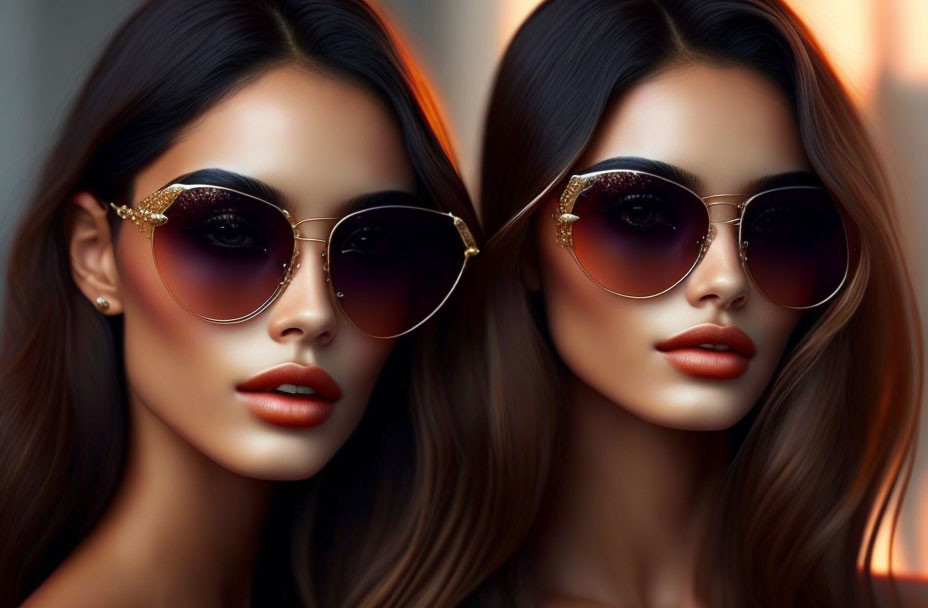 Two women with bold makeup and gold-detailed sunglasses on orange backdrop